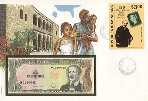 Superbe enveloppe REP DOMINICAINE DOMINICAN billet banque 1 P UNC NEUF + TIMBRES - Picture 1 of 1