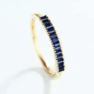 1Ct Baguette Cut Blue Sapphire & Diamond Band Ring 14K Yellow Gold Over Size N-T - Picture 1 of 7