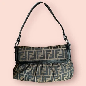 Bolso de Hombro FENDI Zucca Pequeño Chef Cartera Tabaco Lona Cuero Logo Solapa - Imagen 1 de 10