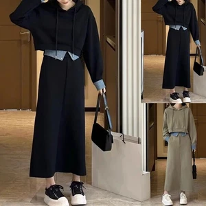 Trendy Womens Hooded Sweatshirt Suit with Skirt Ideal for Daily Activities - Picture 1 of 14