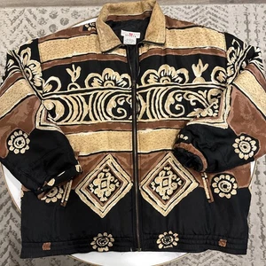 VINTAGE Stunt Jacket donna PL Large Petite marrone seta bomber full zip azteco - Foto 1 di 6