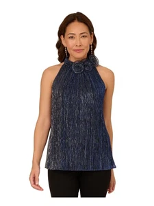 ADRIANNA PAPELL Womens Navy 3d Fabric Flowers Back Sleeveless Party Top 4 - Picture 1 of 11