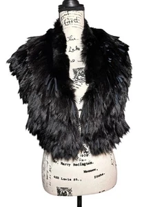 Luxury Black Fur & Suede Feathered Vest Statement Outerwear Boho Gothic Chic J - Picture 1 of 7