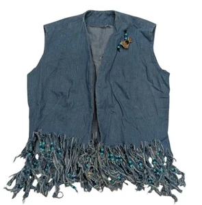 Women's Vintage Handmade Western Denim Jeans Vest W/ Beaded Fringe Conchos Sz L - Picture 1 of 9