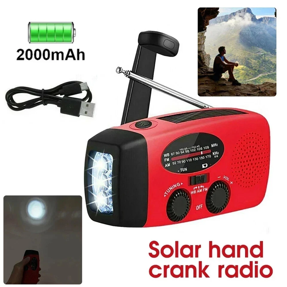Hand Crank Dynamo Wind Up Solar AM FM Radio USB Charger Camping Light Torch Gift