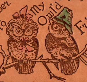 c.1905 Postcard Leather Remember Me Owl'd Friends Owls on Branch Wearing Hats - Picture 1 of 3