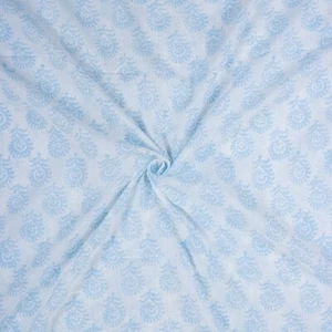 5 Yard Sky Blue Block Print Floral Fabric Indian Cotton Summer Dress Soft - Picture 1 of 6