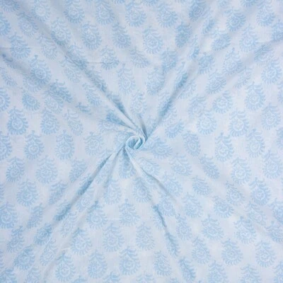 5 Yard Sky Blue Block Print Floral Fabric Indian Cotton Summer Dress Soft - Image 1 of 4