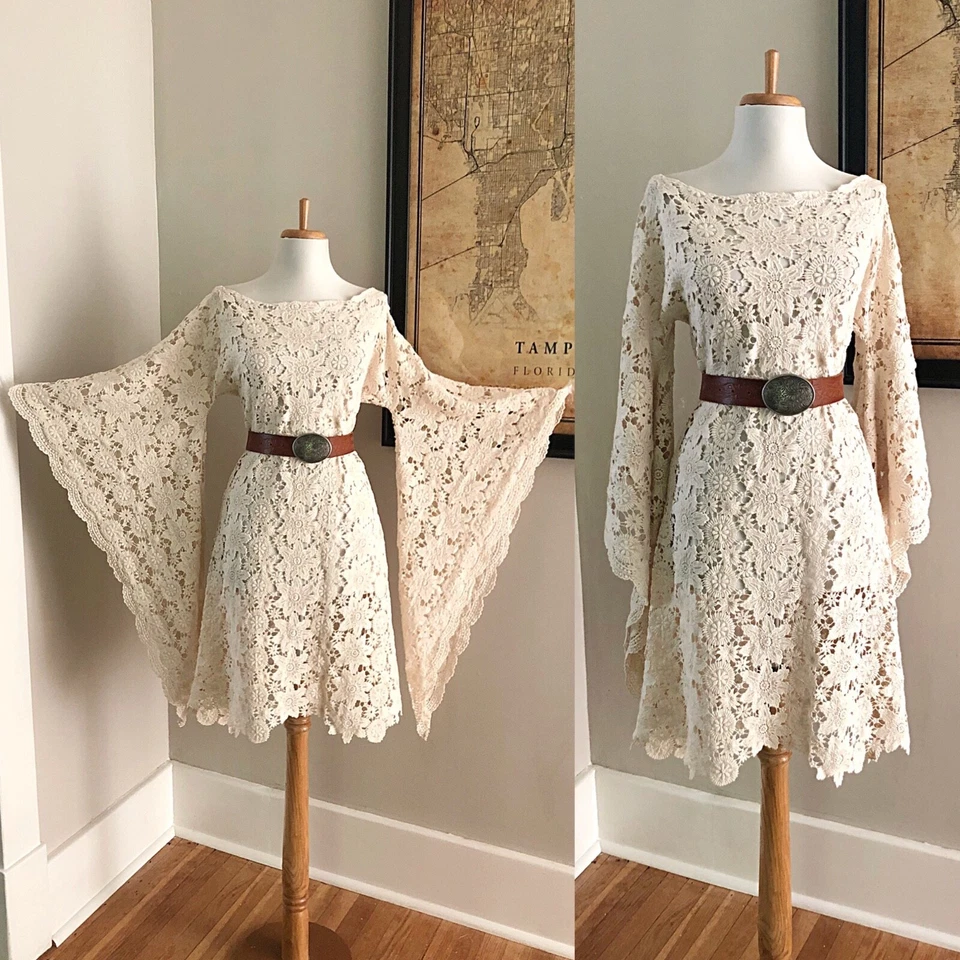 Boho Crochet Lace Bell Sleeve Dress Hippy Wedding Elopement Beach Wedding Dress - Image 1 of 4