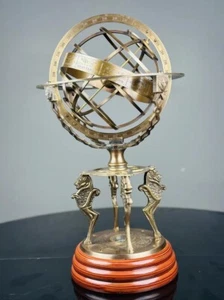 Messing Armillar Globus Astrolabium Globus Sternzeichen graviert Holzsockel Maritim - Bild 1 von 4