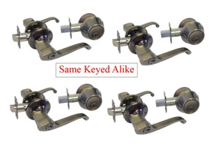 Antique Brass Entrance Deadbolt Combo Door Locks Levers Handle Knobs Entry Keyed - Picture 1 of 7