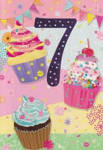 AGE SEVEN 7TH GIRL BIRTHDAY GREETING CARD 7"X5" CUPCAKES - Picture 1 of 2