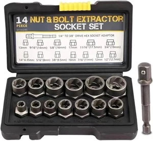 14 Pezzi Kit Estrattore Dadi e Bulloni 1/4”-3/8” Set Attrezzi Rimozione Presa Esagonale - Foto 1 di 9