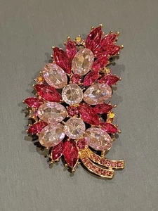 Vintage Gold Tone Stunning Large 3” Brooch Pink & Clear Rhinestones - Picture 1 of 12