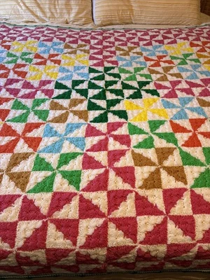 Vintage Multi-Colored Hand Crochet Twin XL Size Blanket VTG Retro Cottage Core - Image 1 of 4