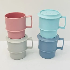 Lot of 4 Vintage Tupperware Pastel Stackable Handle Coffee Mugs 1312 3 Lids 8oz - Picture 1 of 11