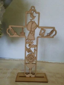 Beautiful First Communion Cutout Wood Cross With Stand Convertible / Hanging - Picture 1 of 12