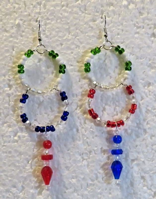 Multi Color Red White Blue Green Unique Dangle 3.25" Hook Earrings - Image 1 of 4