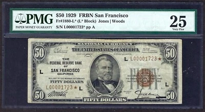 🇺🇸1929 $50 FRBN "San Francisco" ♚♚STAR♚♚ ♚♚STAR♚♚ PMG VF 25 ONLY 8 KNOWN! RARE - Image 1 of 2