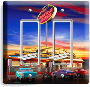 RETRO 50'S DINER CARS NEON LIGHTS LIGHT SWITCH 2 GFCI WALL PLATE ROOM HOME DECOR - Picture 1 of 1