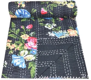 Indian Kantha Quilt Cotton Black Floral Print Bedspread Blanket Throw All Size - Picture 1 of 5