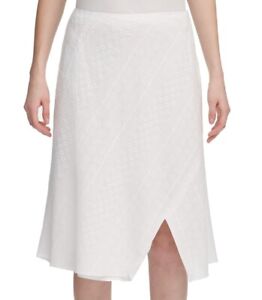 Calvin Klein Women's Skirt White Size 14 A-Line Floral Eyelet Side Slit $99 #061