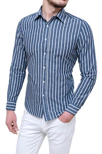CAMICIA UOMO SARTORIALE BLU BIANCO COTONE SLIM FIT A RIGHE CASUAL ELEGANTE LINO - Imagen 1 de 4