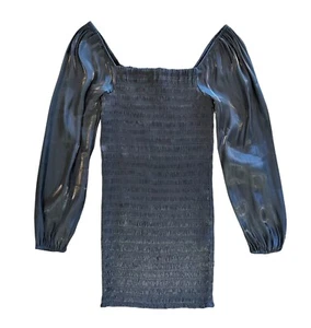 NWT Forever 21 Dress Women’s M Black Shinny Long Sleeve Ruched Bodycon Mini NEW - Picture 1 of 11