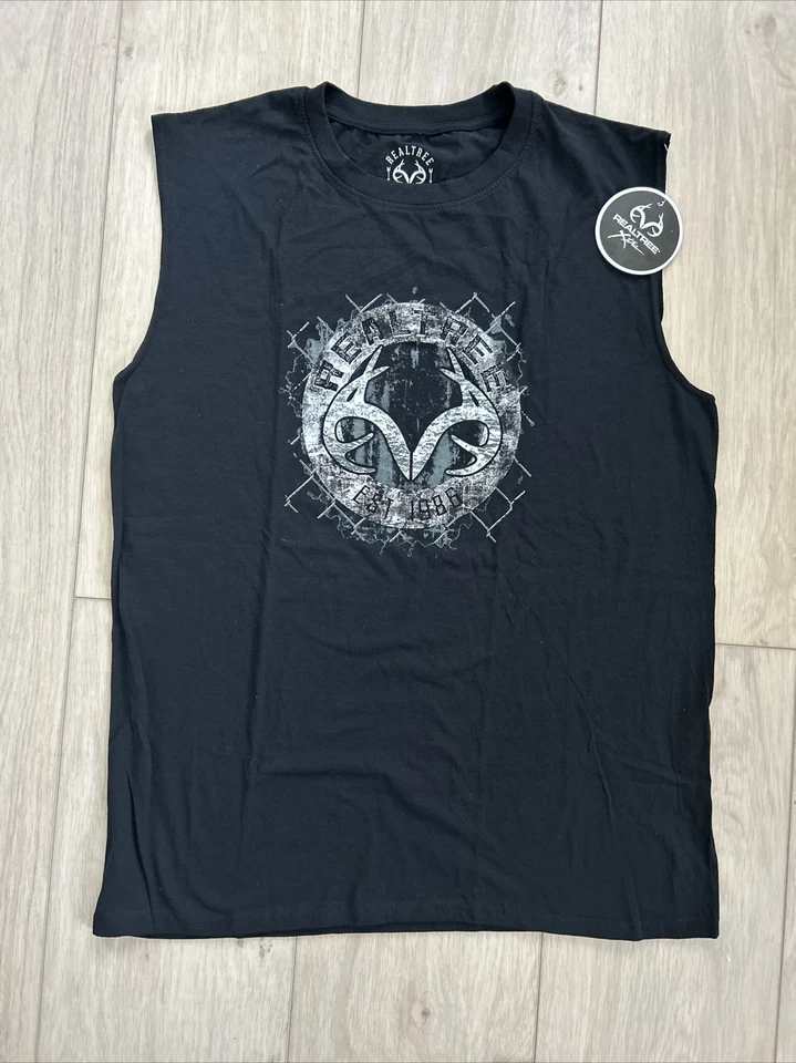 Mens T-Shirt BLACK MUSCLE TEE Sleeveless REALTREE EST. 1986 Logo & Design L Size - Image 1 of 1