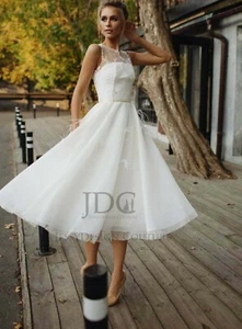 Kurz Brautkleid Standesamtkleid A-Linie Spitze Feder Ivory Maßgeschneidert Tüll - Bild 1 von 8