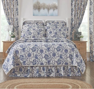 Navy Floral Cali King 4 Piece Cotton Flax Quilt Set Shams Bed Skirt Country - Picture 1 of 5