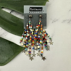 Partners Womens Vintage 90s Chandelier Dangle Beaded Earrings NOS Rainbow Stars - Picture 1 of 3