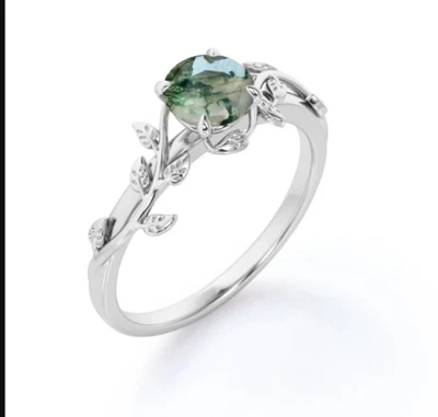 Anello foglia di agata muschio naturale platino oltre anello in argento... - Immagine 1 di 3