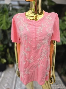 Johnny Was Top koralle bestickt Blumen Schmetterling Gr. L Kurzarm Boho - Bild 1 von 10