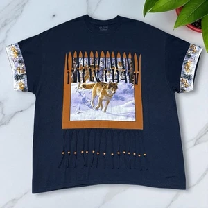 Gildan Shirt 2X Blue Wolves Fringe DIY Upcycled Beaded Tee Boho Western Style - Picture 1 of 4