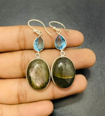 Labradorite Gemstone 925 Sterling Silver Handmade Earring Jewelry Gift For Wife - Image 1 of 2