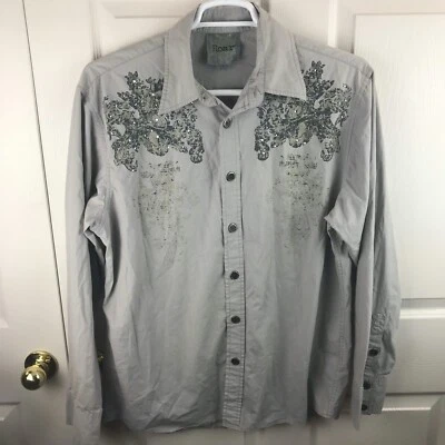Camisa gris verde con cuentas adornada manga larga frontal botón rugido para hombre XL Foto 1 de 4