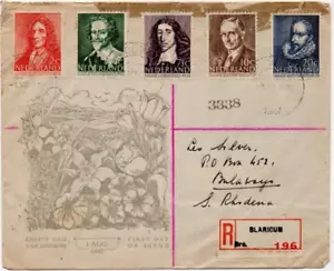 1947 Netherlands Famous Statemen Stamps on FDC Registered Blaricum to S.Rhodesia - Picture 1 of 5