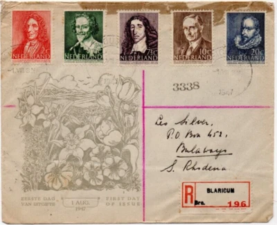 1947 Netherlands Famous Statemen Stamps on FDC Registered Blaricum to S.Rhodesia - Image 1 of 4