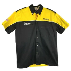 Speed Zone Race Gear BME Okuma NHRA Short Sleeve Yellow Black Button Down Shirt - Picture 1 of 8