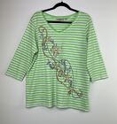 Quacker Factory Women's Large Green White Stripe Beachcomber Embroidered Top GUC