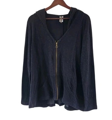 XCVI Deep V Neck Zip Up Hoodie in Black Jacket Mesh Panel 11836T Womens XL - Image 1 of 4