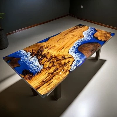 Mesa de río epoxi azul océano | Mesa de comedor moderna | Tapa de acacia/nogal hecha a mano Foto 1 de 4