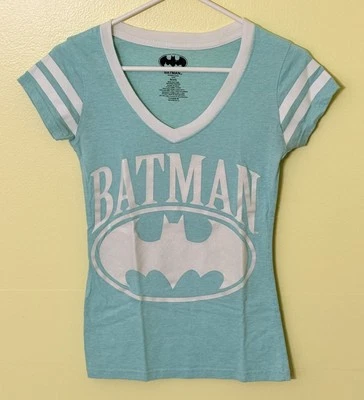 BATMAN Cap Sleeve Junior's T-Shirt V -Neck TEAL AQUA Size 3/5 - Image 1 of 4