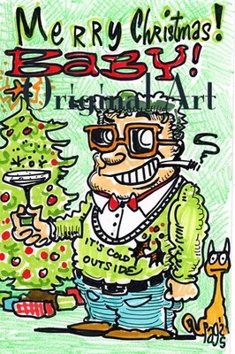 DISNEY ARTIST Pag Gullerud ORIGINAL ART POSTCARD detailed Ink CHRISTMAS BACHELOR - Image 1 of 2