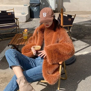 Women's Long Sleeve Warm Winter Plush Coat Fur Korean Faux Fur Mid Long Jackets - Picture 1 of 19