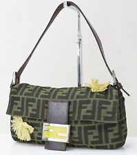Auth FENDI Green Zucca Canvas and Brown Leather Tote Shoulder Bag Purse #54485