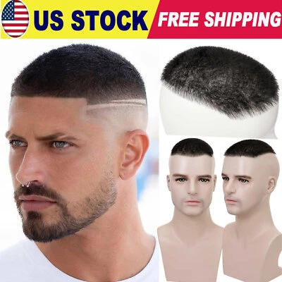 Buzz Cut Hombres Toupee Sistema de Repuesto de Cabello Humano Piel PU Natural Negro Wiglets Foto 1 de 4