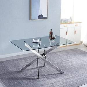 51.2"x 31.5" Rectangular Dining Table Glass Top and Silver Stainless Steel Base - Picture 1 of 5
