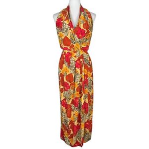 Vintage Maxi Dress Womens XS Floral Print 90s Hawaiian Silk Wrap Red Long Gown